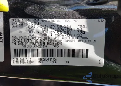 2013 Toyota Tundra Grade 5.7L V8 из США, поврежденный, VIN 5TFDW5F14DX281374